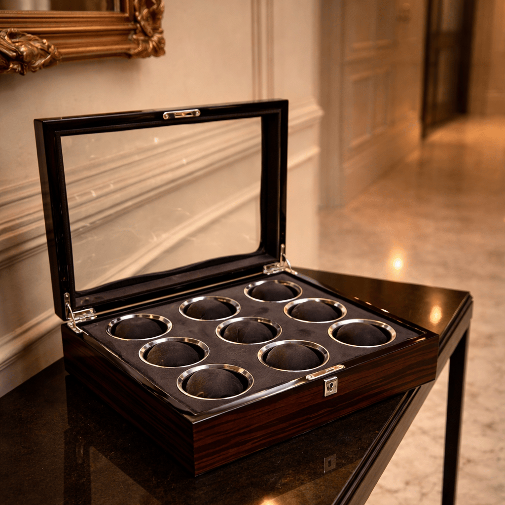 Lux Watch Box Co Watch Box 9 Vanguard Chrome 9 Watch Box - Walnut Laquered Burl