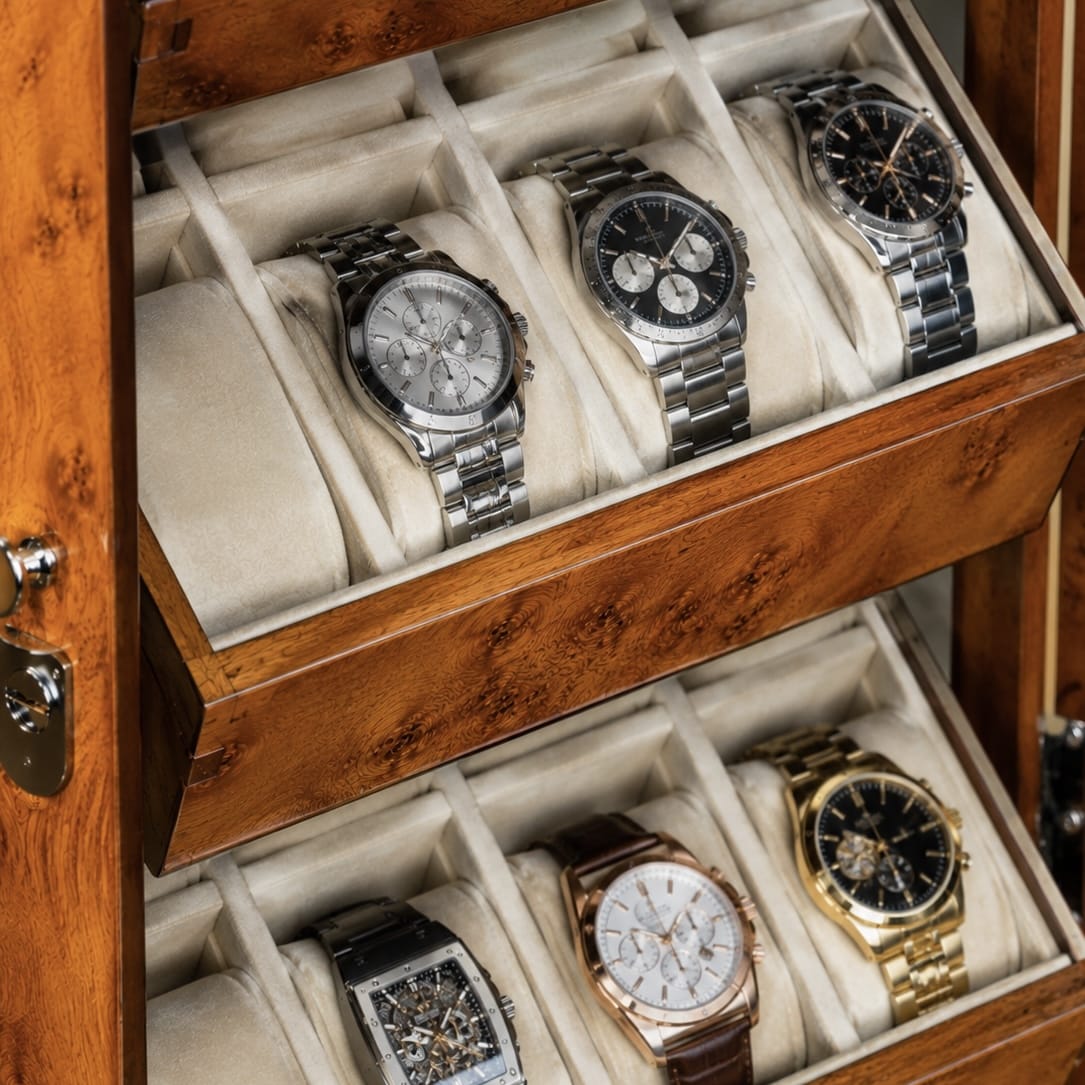 Lux Watch Box Co Watch Cabinet 18 Heritage 18 Watch Bureau - Burl Amber
